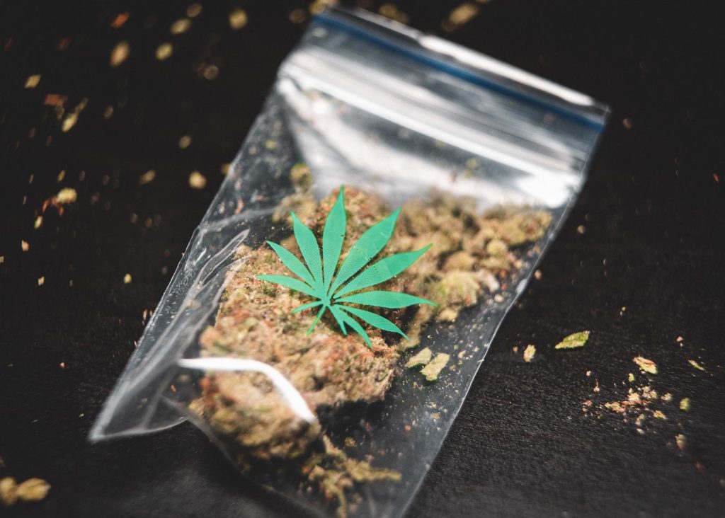 The picture shows a bag of cannabis laying on the ground.