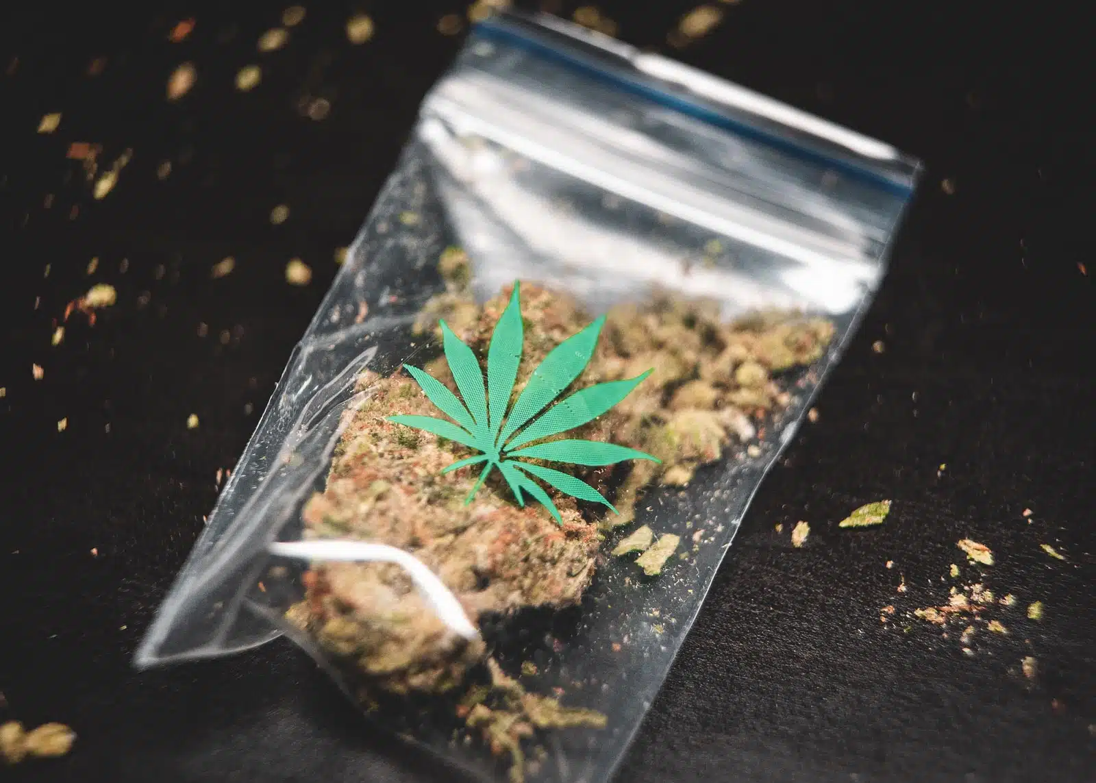 The picture shows a bag of cannabis laying on the ground.